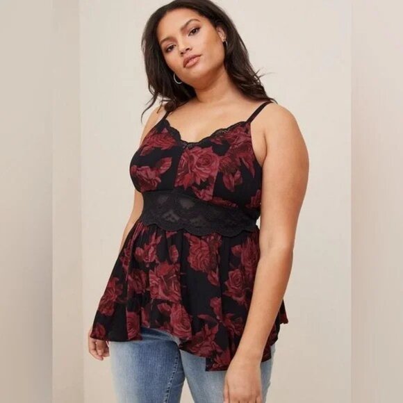 Torrid Plus Size 4X Floral Lace Trim Babydoll Tank Top Black Red Rose Print Cute - Picture 1 of 11